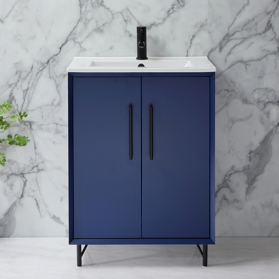 Waschtischunterschrank mit Waschbecken HudsonReed Edge in Dunkelblau mit schwarzen Griffen und Soft-Close-Türen, Breite: 61 cm - Bild 1