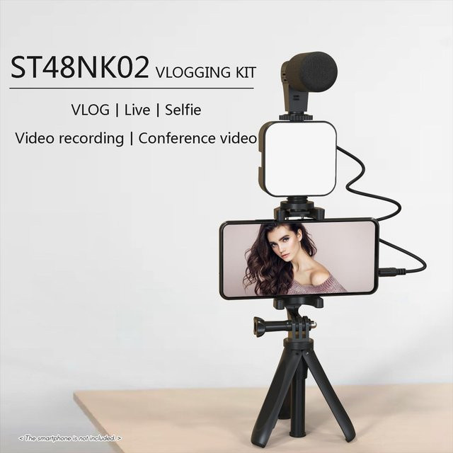 Shoemst Smartphone Vlogging Kit in White mit Stativ, Handyhalter, Mikrofon, Videoleuchte, Klemme und 3,5 mm TRS auf TRRS Audiokabel - Bild 1