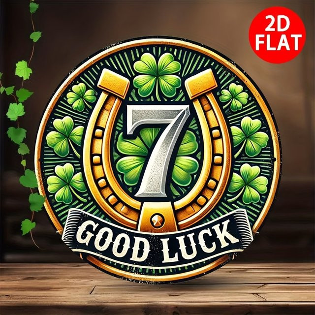 Potdemiel Good Luck Charm Rundes Eisenschild in Gold mit Kleeblatt- und Hufeisen-Design, Durchmesser: 20,32 cm - Bild 1