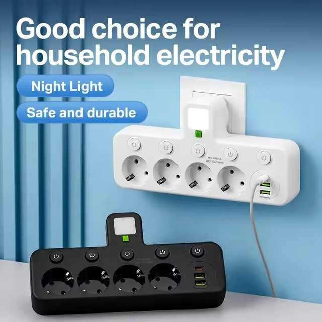 Szaoju Steckdosenleiste mit 4 AC-Steckdosen, 2 USB-Anschlüssen und 1 USB-C-Anschluss in Schwarz mit unabhängigen Schaltern und Nachtlicht - Bild 1