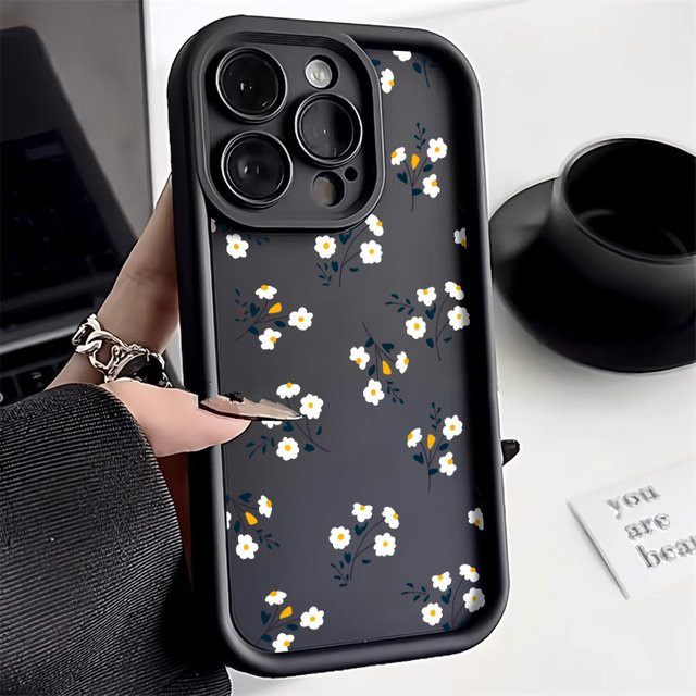 TUNEDEE Handyhülle mit Blumen-Design in Schwarz, stoßfeste matte Abdeckung für iPhone 15 14 13 12 11 Pro Max XS XR X 7 8 Plus SE - Bild 1