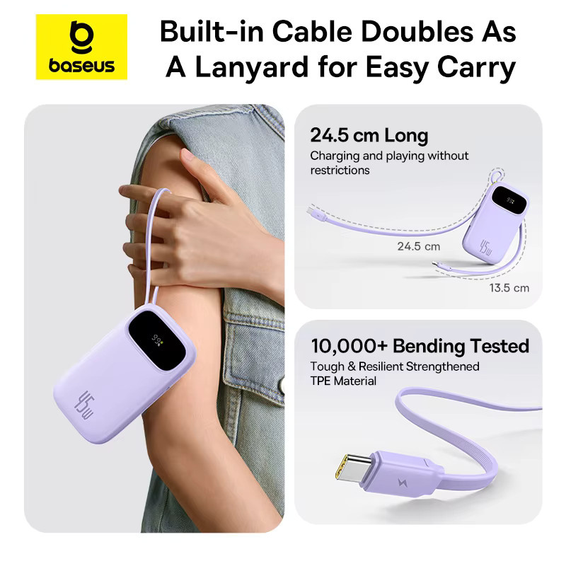 Baseus Power Bank 20000 mAh mit 45 W Schnellladung und integrierten USB-C sowie Lightning Kabeln in Blau - Bild 2