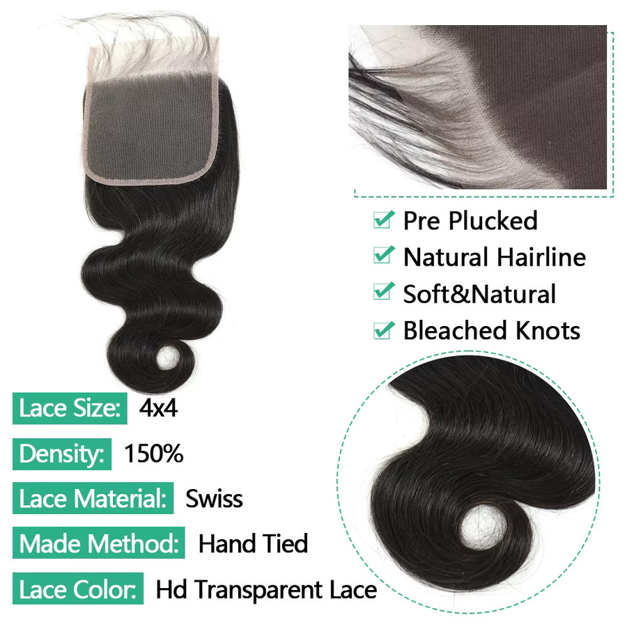 Fashowbeauty Lace Closure mit Body Wave Echthaar-Bündeln, 100% Remy Echthaar-Extensions, Unisex - Bild 3
