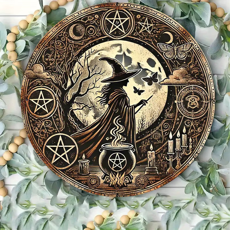 Potdemiel Retro Hexen Wandkunst aus Aluminium in Gold, runde Metall-Wanddekoration mit Kessel- und Mond-Design, Durchmesser: 20 cm - Bild 3