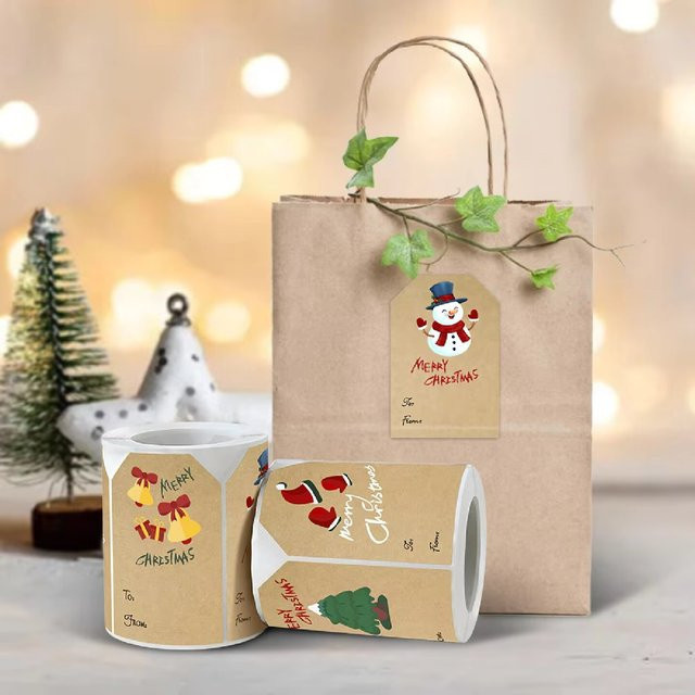 250 Stück Weihnachts Aufkleber mit Cartoon Motiven wie Tannenbaum und Schneemann, Kraftpapier Etiketten, B: 7,5 cm, H: 5 cm, Mehrfarbig - Bild 1