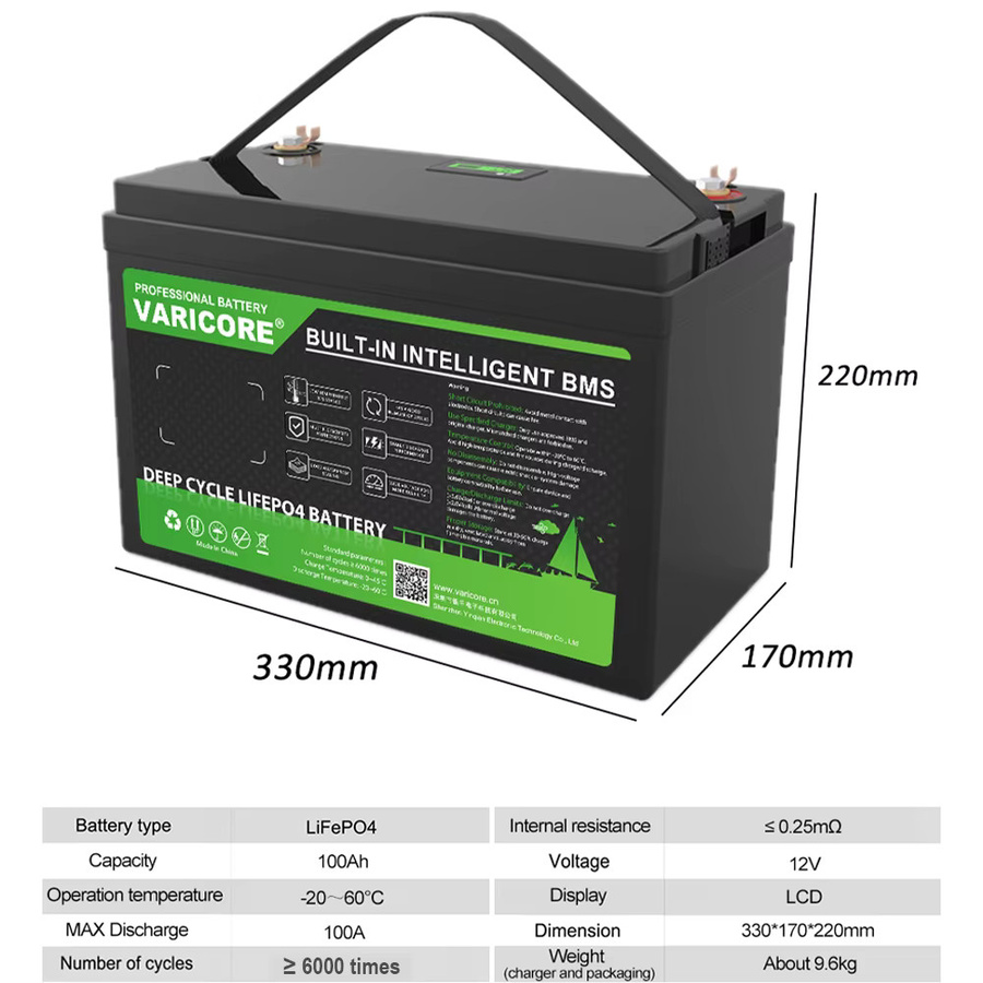 Varicore 12V 100Ah LiFePO4 Lithium-Eisenphosphat-Batterie mit integriertem Smart BMS und LCD-Display in Schwarz - Bild 2
