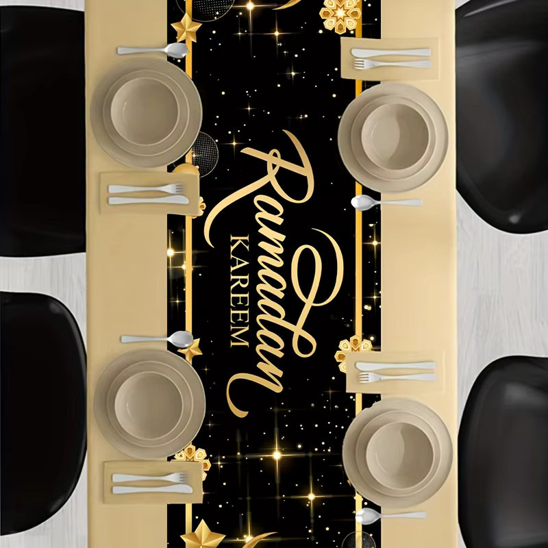 VIKAMA Eid Mubarak Tischläufer aus Polyester mit schwarzer Halbmondlaterne für deine Ramadan-Dekoration, rechteckig, B: 90,0 cm, H: 33,0 cm, T: 33,0 cm - Bild 2