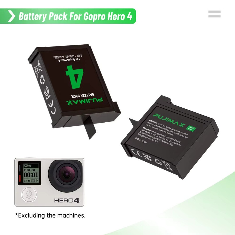 PUJIMAX Akku und Speicherladegerät Set für GoPro Hero 4 Action-Kamera, 1160mAh Lithium-Batterie, Schwarz - Bild 2