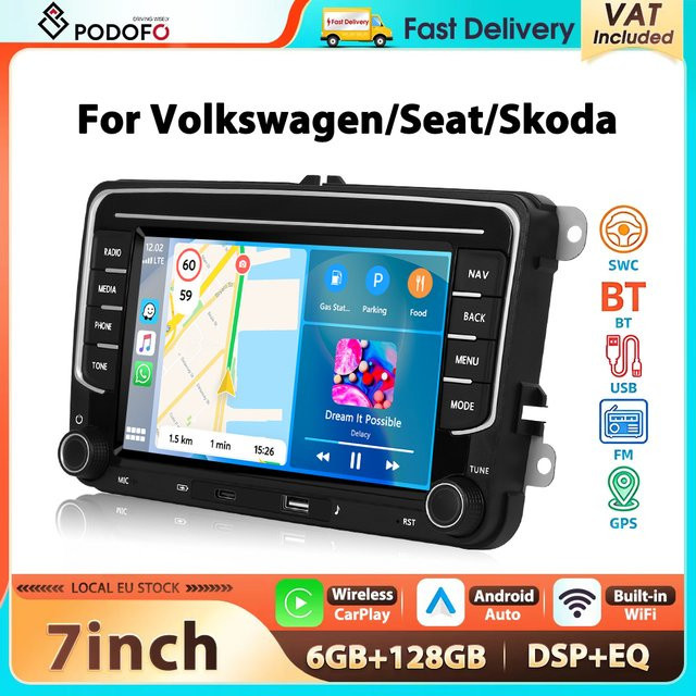 Podofo 7 Zoll Multimedia-Autoradio mit 6 GB RAM und 128 GB Speicher für VW Passat Golf Polo Bora, Android Auto, Apple CarPlay, WiFi, Bluetooth und DSP Sound, Schwarz - Bild 1