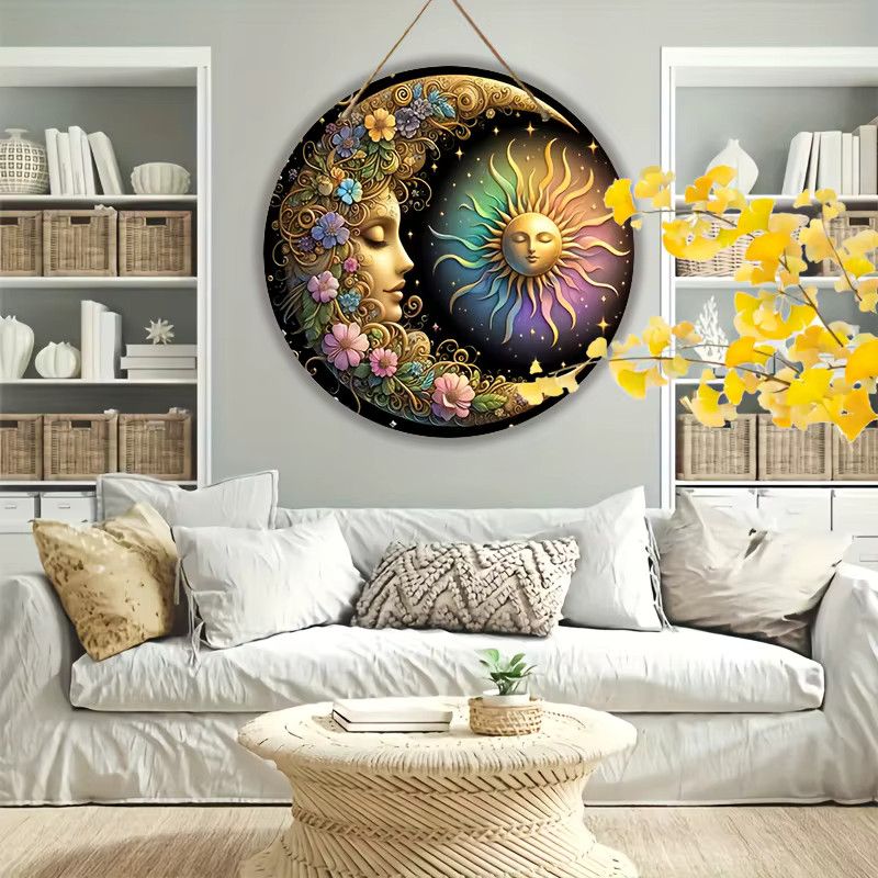 HELLOYOUNG Wandplatte aus Metall im Mandala-Kunststil mit Sonne, Mond und Blumenmuster, B/H: 20,3 x 20,3 cm - Bild 2