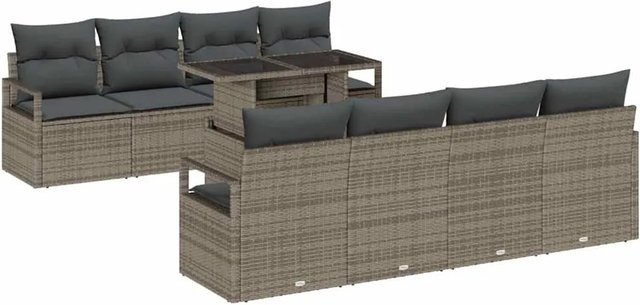 vidaXL 9-tlg. Garten-Sofa-Set aus grauem Poly Rattan mit integriertem Stauraum und Polstern - Bild 1