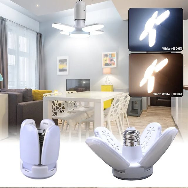 Szaoju Fächerförmige LED-Birne E27 mit 28W, faltbare LED-Lampe in Weiß, Cool White, für Wohnzimmer, Lager und Garage - Bild 1