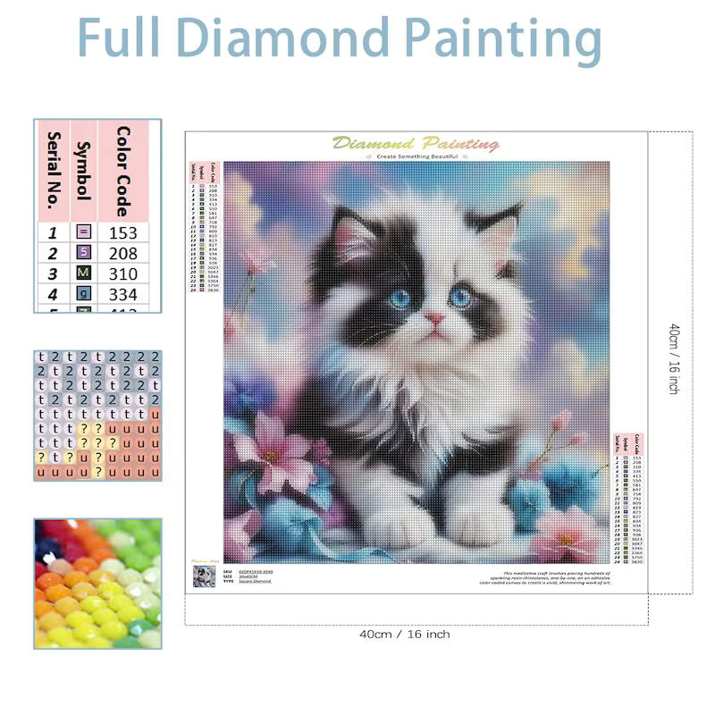 Sdoyuno Diamantstickerei Set mit Katzenmotiv und Blumenmuster, Multicolour, komplette Malerei mit runden Strasssteinen - Bild 2