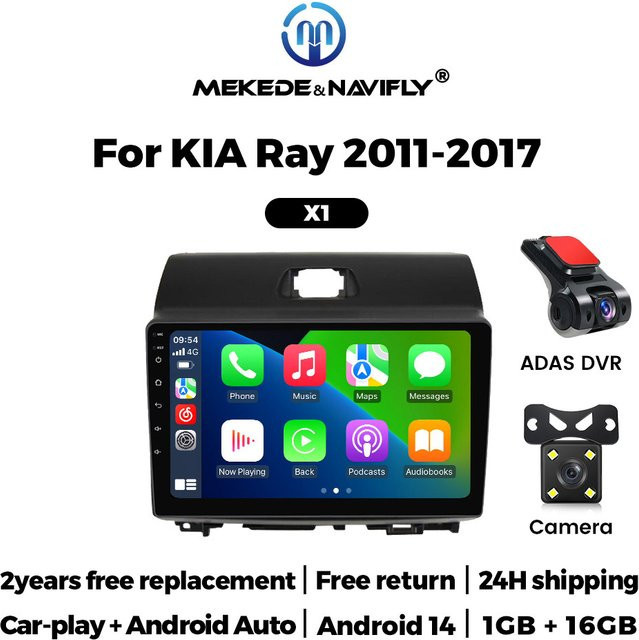 NaviTree Android 14 Autoradio mit DVR Recorder, Rückfahrkamera, GPS und drahtlosem CarPlay für KIA Ray 2011-2017 in Schwarz - Bild 1