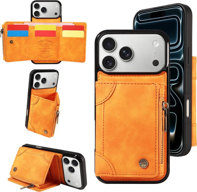 PU-Leder Handyhülle mit Ständer und Kartenfächern als Brieftasche für Samsung Galaxy S25 S24 S23 S22 Ultra A13 A15 A23 in Braun und Orange - Bild 1
