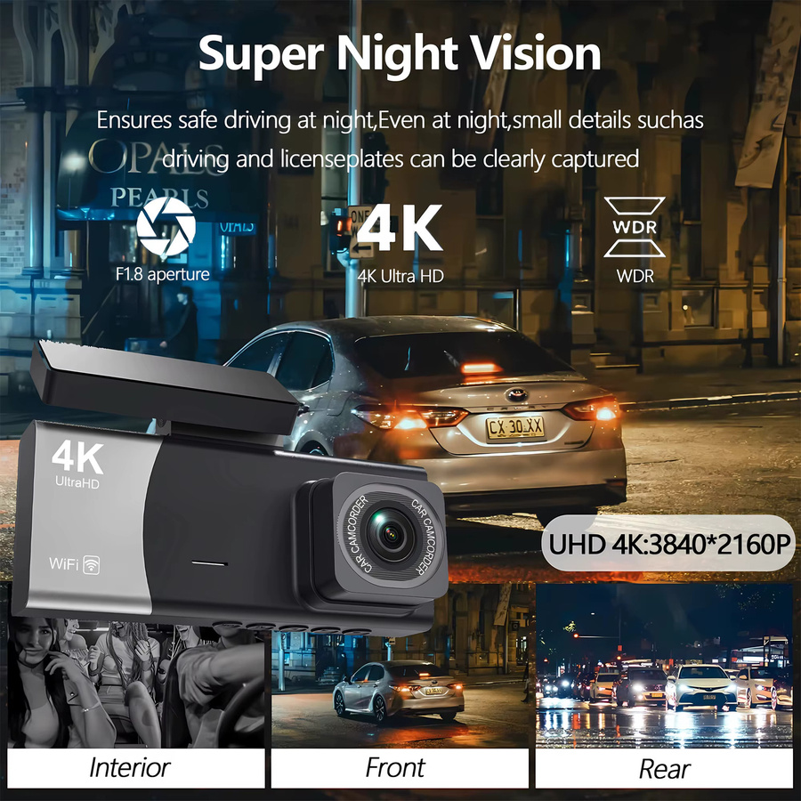 USEEBEE 3-Kanal 4K UHD Dashcam mit WiFi und App-Steuerung, Schwarz, Auto-Kamera für vorne, innen und hinten mit Nachtsicht und 24H Parkmodus - Bild 5