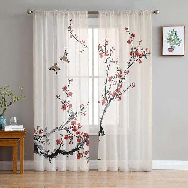 A Family Of Home Textiles Transparente Voile-Tüll-Vorhänge im chinesischen Stil mit Blumen- und Landschafts-Tuschemalerei, Weiß, B: 135 cm, H: 137 cm, 2 Stück - Bild 1