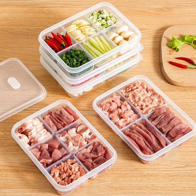 QCQHDU 3er Set Lebensmittel-Aufbewahrungsboxen mit 6 Fächern, transparente Kühlschrank-Organizer aus Kunststoff mit Snap-Lid-Deckel - Bild 1