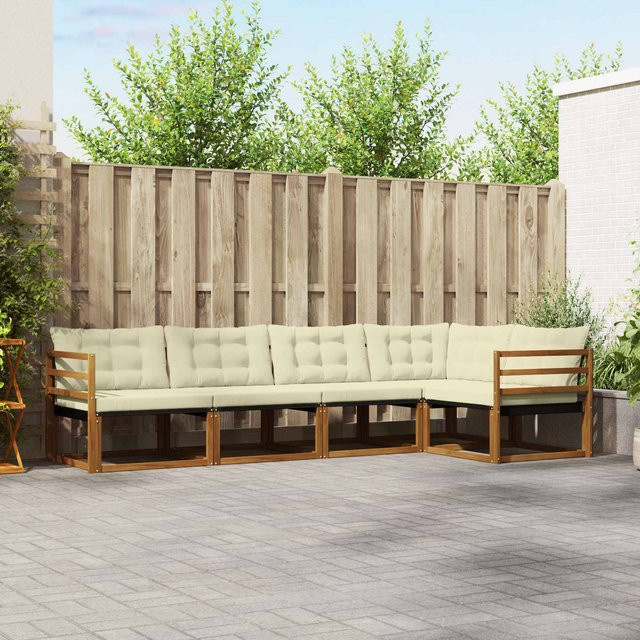 vidaXL Outdoor-Sofagarnitur 5-teilig aus Akazienholz in L-Form mit Kissen in Natur und Creme - Bild 2