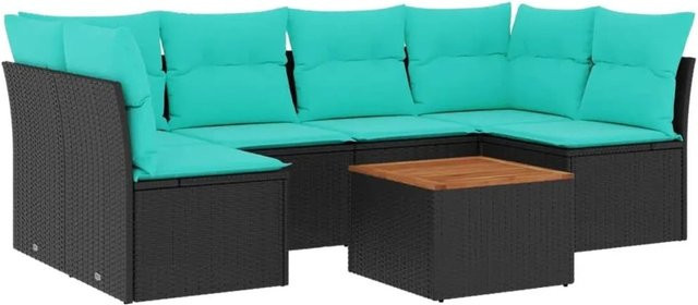 vidaXL 7-teilige Garten-Sofagarnitur aus Polyrattan mit Kissen in Schwarz und Blau/Türkis - Bild 1