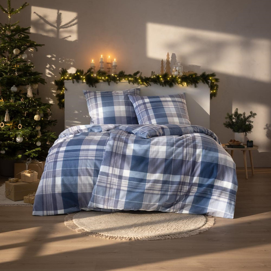 Estella Kuschel Flanell Bettwäsche Zip Navy Karo Hellblau B/H: 155 x 220 cm mit Kissenbezug 80 x 80 cm - Bild 1