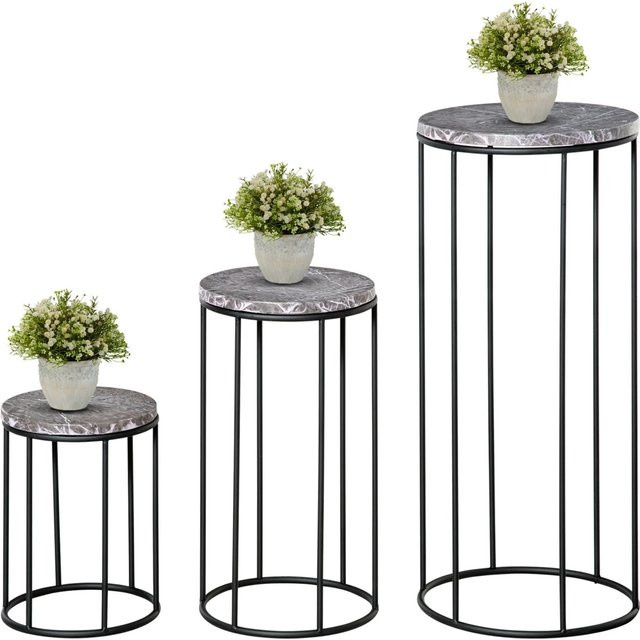 Outsunny Blumenständer 3er Set aus Metall in Schwarz und Grau mit Marmoroptik, Durchmesser: 22 cm, Höhe: 30,5 cm - Bild 1