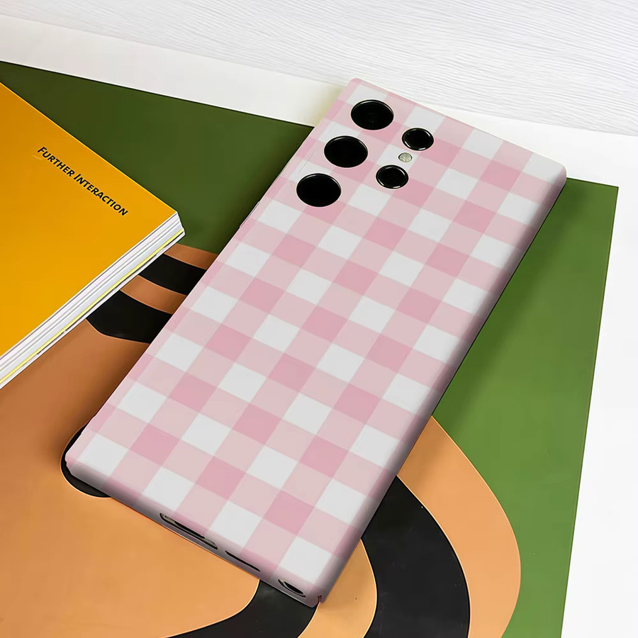 Aurbe Handyhülle für Samsung Galaxy S26 S25 S24 S23 Ultra Plus HD Hartplastik in Rosa und Weiß Gingham Doppelschicht-Folienhülle - Bild 3