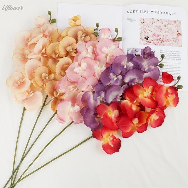 Uflower Künstliche Schmetterlings-Orchideenblumen in Lila, 8 Köpfe, Seiden-Kunstpflanzen für Hochzeitsstrauß und Tischdekoration, Höhe: 70 cm - Bild 1