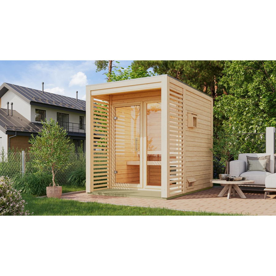 Karibu Saunahaus Rolous 1 aus Fichte naturbelassen inklusive 9 kW Bio Ofen mit externer Steuerung - Bild 2