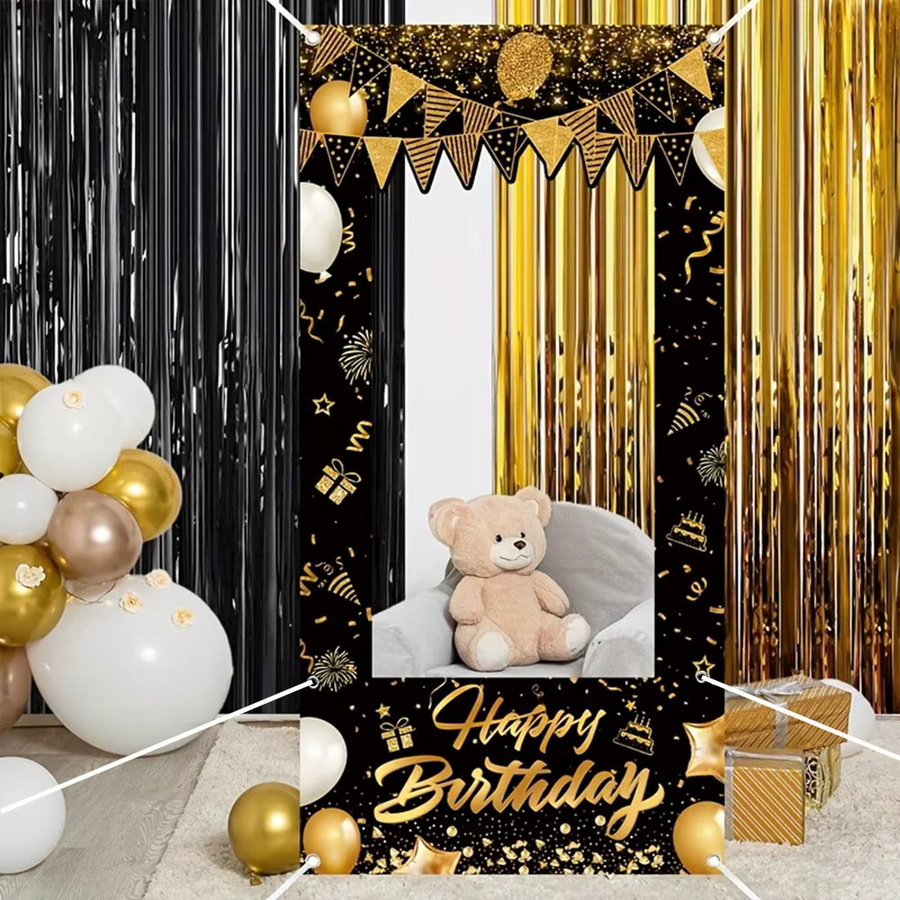 AFYPRTY Fotobox-Rahmen Happy Birthday in Schwarz-Gold, Rechteckiges Foto-Hintergrund-Banner aus Polyester für deine Geburtstagsparty, Breite: 120 cm, Höhe: 60 cm - Bild 4