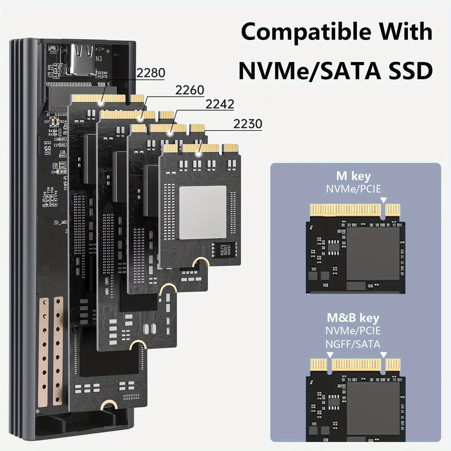 SUNKANDI M.2 NVMe und SATA SSD-Gehäuseadapter in Grau mit USB-C 3.1 Gen 2 (10 Gbit/s) für M.2 PCIe NVMe und SATA SSDs, unterstützt SSDs 2230 - Bild 3