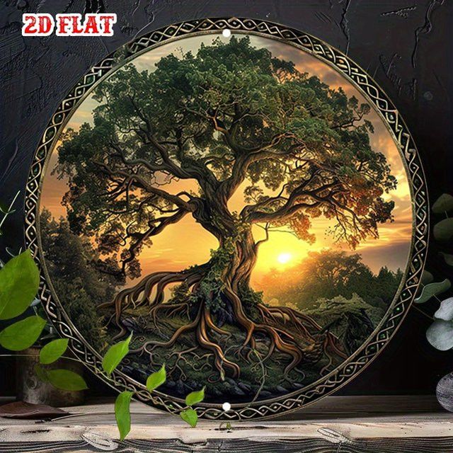 Potdemiel Rundes Aluminiumschild Baum des Lebens Sonnenuntergang Landschaft Wandkunst Durchmesser: 19,99 cm - Bild 1