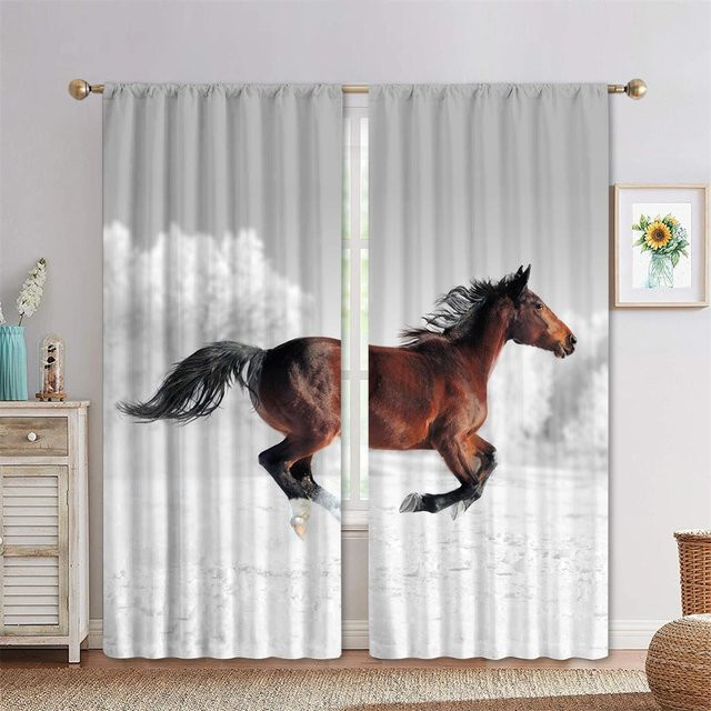 Yiran Furniture Pferde Fenstervorhänge mit 3D-Digitaldruck, 2er-Set, halbtransparent, Mehrfarbig, Breite: 60 cm, Höhe: 60 cm - Bild 1