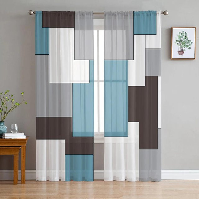 Yiran Furniture Vorhang mit geometrischem Retro-Design in Rot und Blau, transparentes Tüll-Voile-Material für Wohnzimmer und Küche, Breite: 135 cm, Höhe: 115 cm - Bild 1