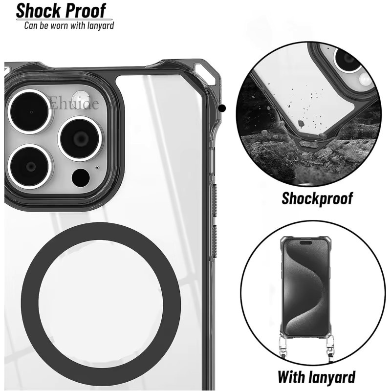 Stoßfeste magnetische Schutzhülle mit Lanyard-Kordel für Apple iPhone 12, 13, 14, 15, 16, 17 Pro Max Plus und 16E, transparent - Bild 2