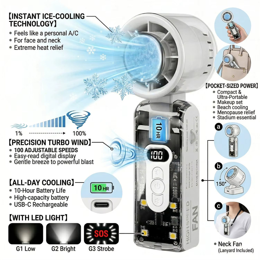 Fireurus Mini Handventilator mit LED-Licht und Akku in Weiß, faltbar und tragbar für Schreibtisch, Nacken sowie Reisen und Outdoor-Nutzung - Bild 2