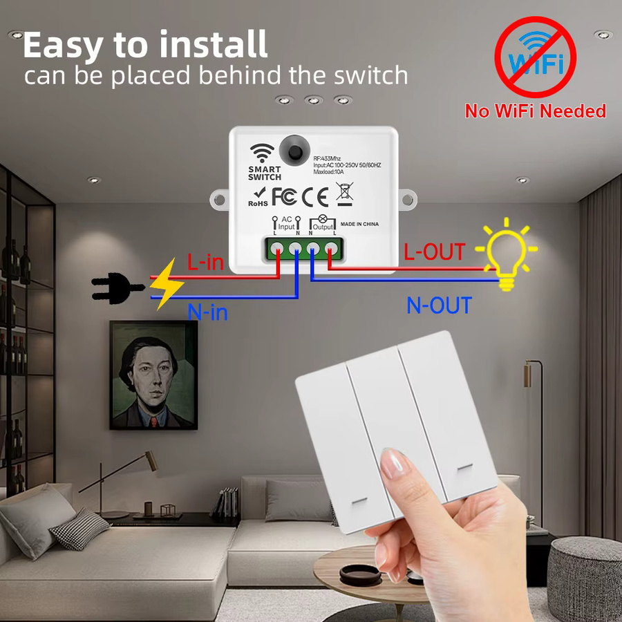 RF433 Intelligentes drahtloses Schaltmodul-Kit in Weiß, ferngesteuerter AC 100–250 V 10 A Empfänger-Controller für Lampen und elektrische Automatisierung - Bild 4