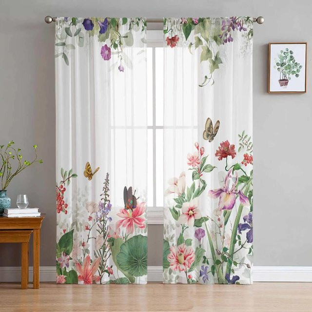 Yiran Furniture Transparenter Vorhang mit Gänseblümchen und Schmetterlingen aus Tüll und Organza, Breite: 135 cm, Höhe: 115 cm - Bild 1