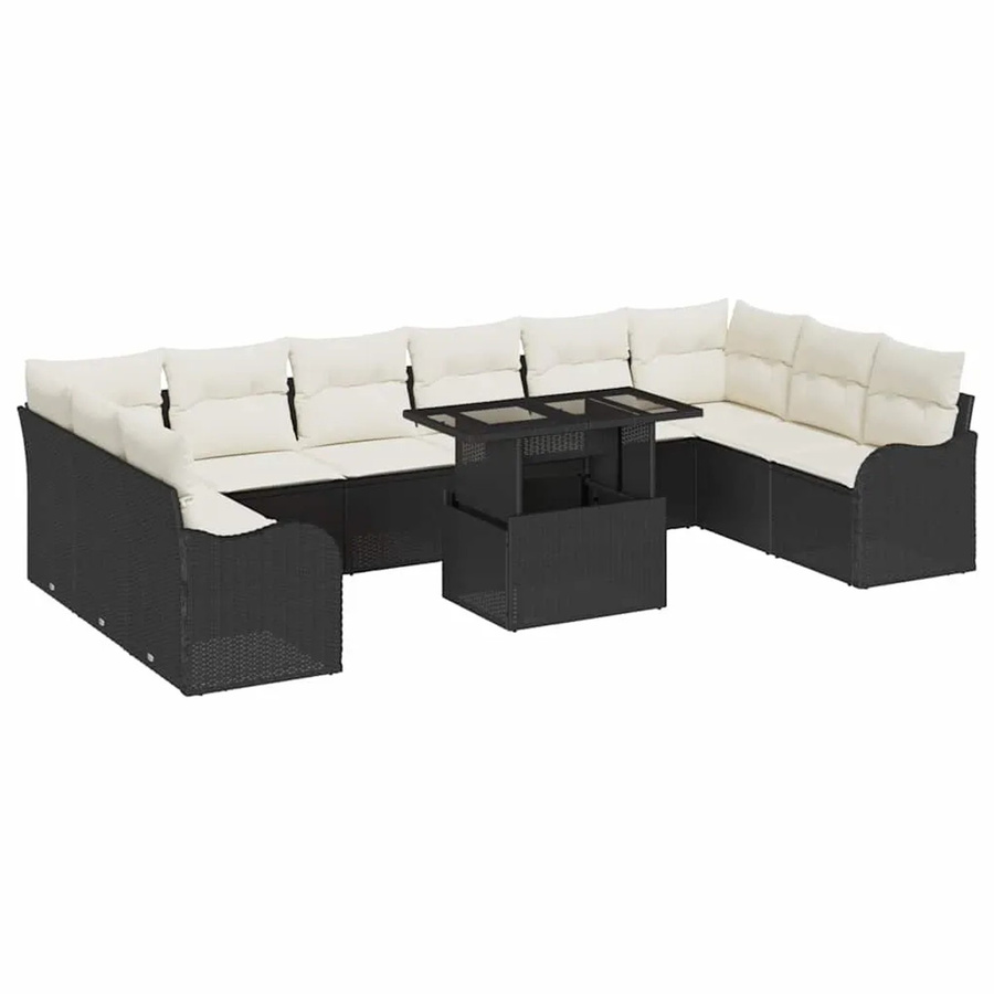 vidaXL Garten-Sofa-Set 11-tlg. in U-Form aus Poly-Rattan mit Kissen, Schwarz-Creme - Bild 2