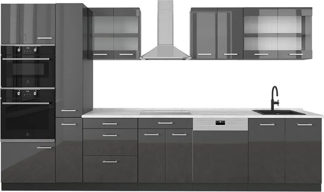 Vicco R-Line Küchenzeile Anthrazit Hochglanz mit Marmor-Optik, Breite: 350 cm - Bild 1