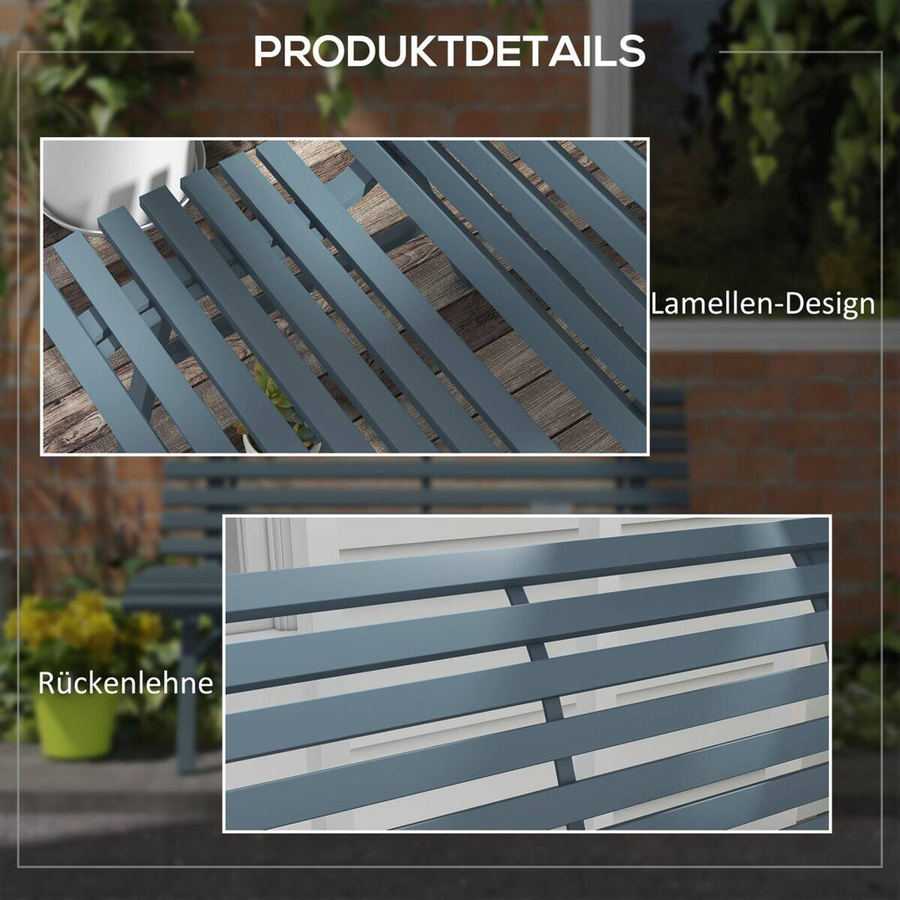 Outsunny 2-Sitzer Gartenbank aus Aluminium in Blau mit Lamellen-Design, wetterfest und UV-beständig, B/T/H: 123 x 67 x 79 cm - Bild 3