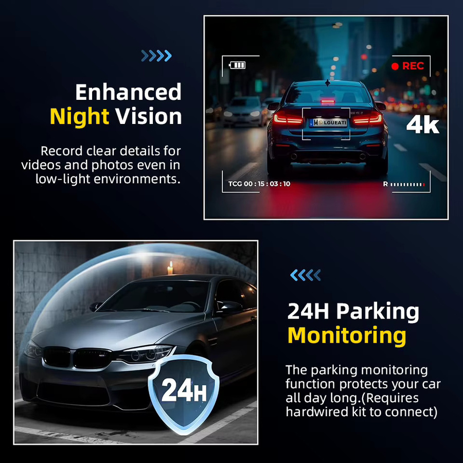 Acceo 4K Dashcam mit WLAN und GPS, Dual-Objektiv mit 2.5K Rückfahrkamera, Nachtsicht und 24H Parküberwachung, Black Box Videorekorder in Schwarz - Bild 3