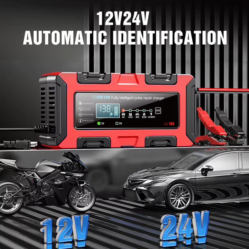 FOXSUR Intelligentes 10A Batterieladegerät für 12V/24V Lithium-Eisen, Blei-Säure und AGM Batterien in Rot - Bild 4