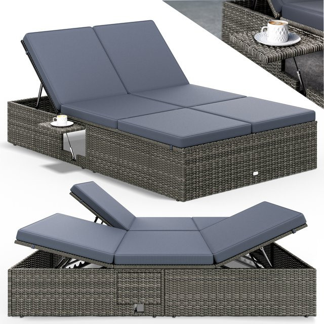 CASARIA Polyrattan Gartenliege Grau/Anthrazit mit verstellbarer Kopfstütze und Seitentisch, B/T/H: 220 x 115 x 33 cm - Bild 1