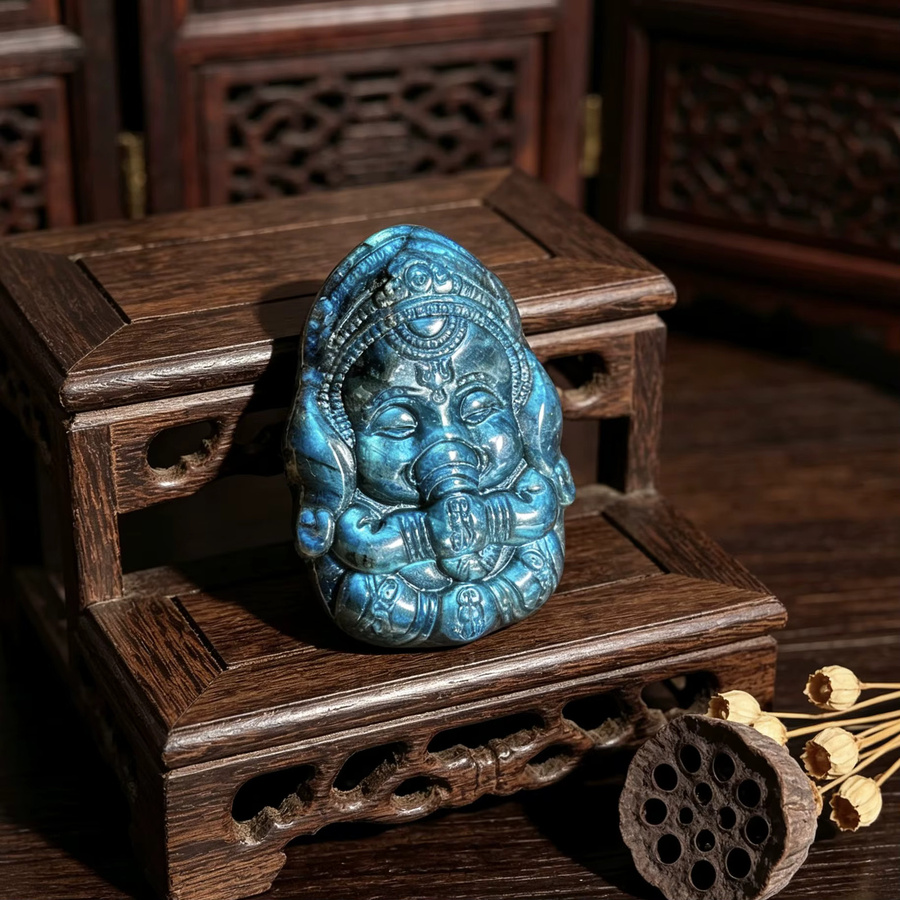 Handgefertigte Ganesha-Schnitzerei aus natürlichem Labradorit als Edelstein-Kunstwerk für deine Reiki-Heimdekoration oder DIY-Schmuckherstellung - Bild 4