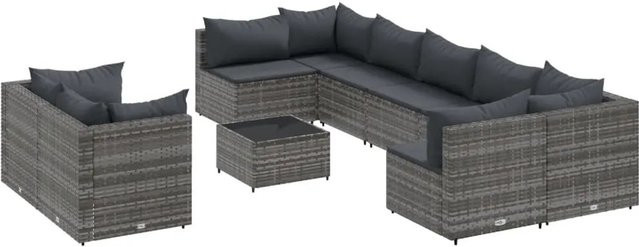 vidaXL 10-tlg. Garten-Sofagarnitur in L-Form aus grauem Poly-Rattan mit Kissen und Couchtisch - Bild 1