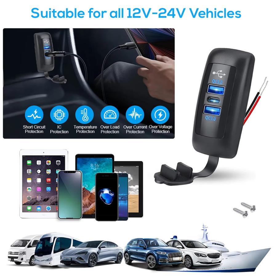 Kebidumei Autoladegerät mit 3 Ports: Dual USB A und PD USB C Steckdose, Wasserdicht, Schwarz, 12V-24V für Auto, LKW und Marine - Bild 6