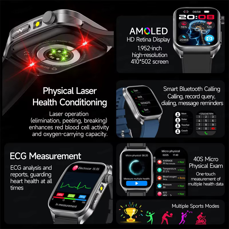 KAVSUMI Smartwatch mit Lasertherapie und Gesundheitsfunktionen in Blau für Damen und Herren mit EKG und SpO2-Messung - Bild 3