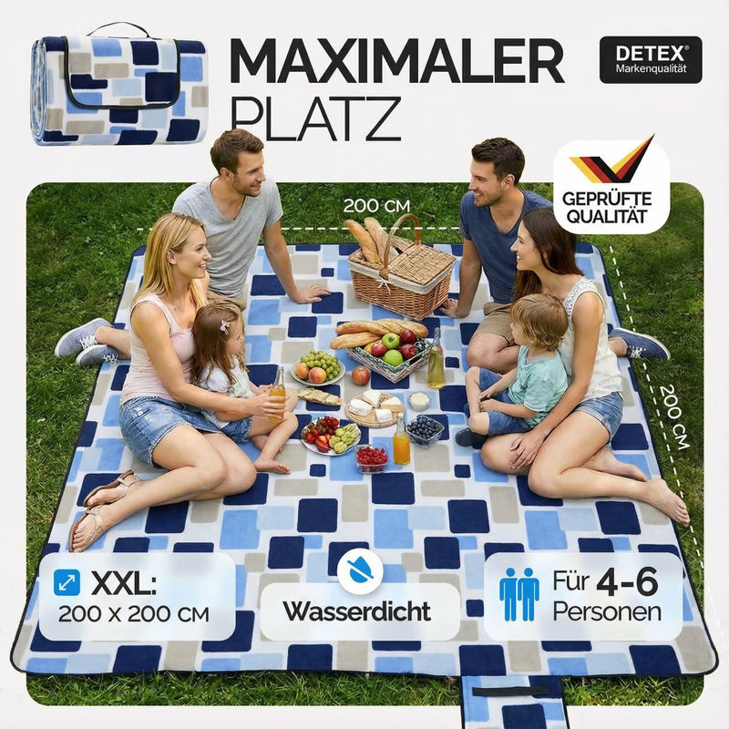 Picknickdecke mit quadratischem Muster in Blau, 2 x 2 m - Bild 2