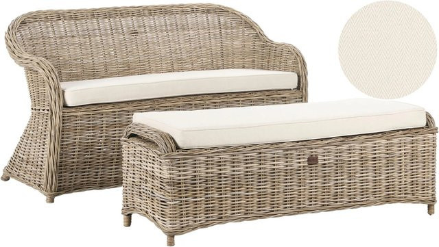 Beliani Gartensofa SUSUA Zweisitzer aus Polyrattan in Cremeweiß mit Sitzkissen im Boho-Stil, B/T/H: 141 x 69 x 86 cm - Bild 1